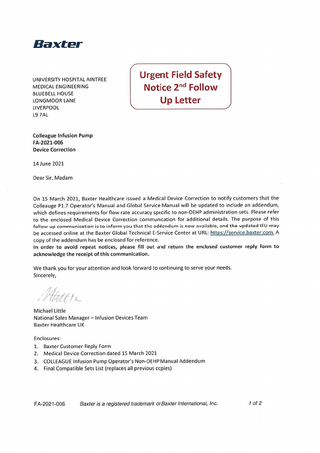 Colleague Pump Urgent Field Safety Notice 2nd Follow Up Letter June 2021