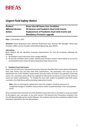 BREAS Vivo 60 Urgent Field Safety Notice Nov 2015