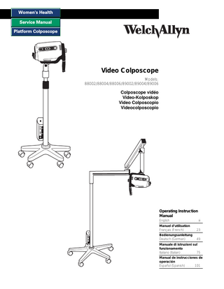 Table of Contents Conventions ...2 General Precautions...2 Symbols...3 Summary of Warnings and Cautions...4 Components ...5 Video Colposcope ...5 Optional Accessories...5 Nomenclature ...7 Video Colposcope Front View ...7 Video Colposcope Side View...7 Video Colposcope Back View...8 Video Colposcope Bottom View ...8 Vertical Pole Stand ...9 Swing Arm Stand ...9 Monitor...10 Connection Diagrams ...11 Connecting Video Colposcope with Monitor...11 Connecting Video Colposcope with VCR/Video Printer ...11 Preparation for Use...12 General Precautions...12 Assembly of Video Colposcope ...12 Vertical Pole Stand Assembly ...12  iii  