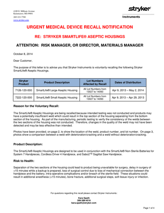 SmartLife Aseptic Housing Urgent Medical Device Recall Notification Oct 2014