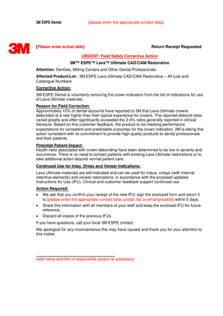 ESPE Lava Ultimate Urgent Field Safety Corrective Action
