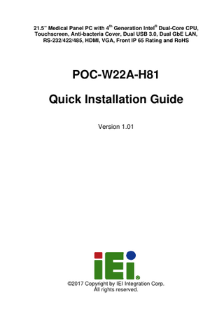 POC-W22A-H81 Quick Installation Guide Ver 1.01 Jan 2017