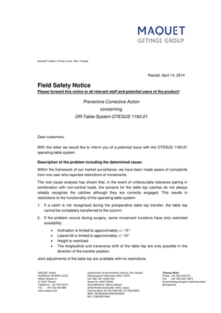 OR-Table-System OTESUS 1160.01 Field Safety Notice April 2014