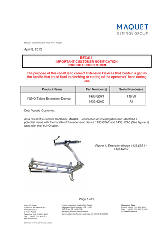 YUNO Table Extension Device 1433.62Ax Recall Important Customer Notification April 2013