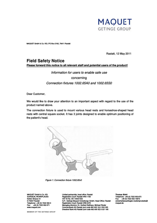 Connection fixtures 1002.65A0 and 1002.65S0 Field Safety Notice May 2011