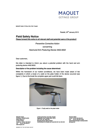 Hand and Arm Posturing Device 4402.9002 Field Safety Notice Jan 2013