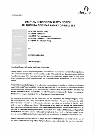 Gemstar Field Safety Notice March 2013