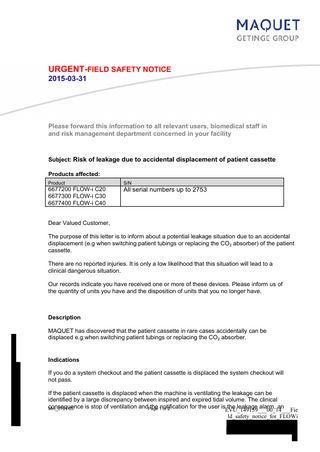 FLOW-1 Cxx Urgent Field Safety Notice March 2015