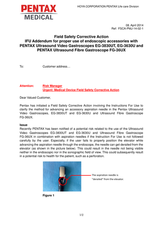 EG-3830UT,3630U Video Gastroscope and FG-36UX Gastroscope Field Safety Corrective April 2014
