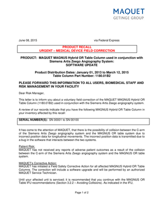 MAGNUS Hybrid OR table Urgent Recall June 2015