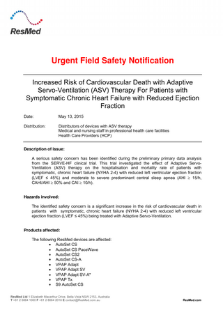 AirCurve 10 xx Urgent Field Safety Notification May 2015