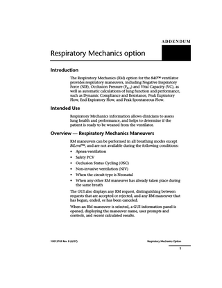800 Series Ventilator System Operator’s Manual Addendum Rev B Respiratory Mechanics option