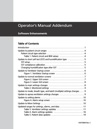 Operator’s Manual Addendum Software Enhancements  Table of Contents Introduction... 1 Update to patient circuit ranges... 4 Patient circuit type selection... 4 Table 1. Patient circuit and IBW values... 4 Update to short self test (SST) and humidification type... 5 SST setup... 5 SST compliance calibration... 5 Changing humidification type after SST... 5 Update to Ventilator Startup screen... 6 Figure 1. Ventilator Startup screen... 6 Update to normal ventilation screens... 7 Figure 2. Upper GUI screen... 7 Figure 3. Lower GUI screen... 8 Update to main settings changes... 8 Table 2. Monitored settings... 9 Update to mode, breath type, and batch (multiple) settings changes... 9 Update to apnea ventilation settings changes... 9 Update to setting alarms... 10 Figure 4. Alarm setup screen... 10 Update to More Settings... 10 Updated ranges for settings, alarms, and data... 11 Table 3. Ventilator settings updates... 11 Table 4. Alarm settings updates... 16 Table 5. Patient data updates... 19  10070808 Rev. C  