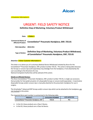 Constellation Pneumatic Handpiece DSP Urgent Field Safety Notice  2012