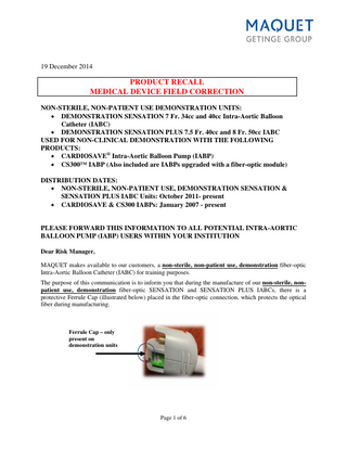 CARDIOSAVE Product Recall Device Field Correction Dec 2014