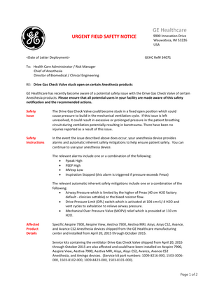GE Anesthesia Devices Urgent Field Safety Notice Feb 2016