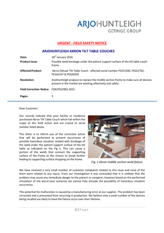 Akron Delux Tilt Table Couch Urgent Field Safety Notice Jan 2016