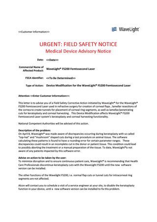 WaveLight FS200 Urgent Field Safety Notice