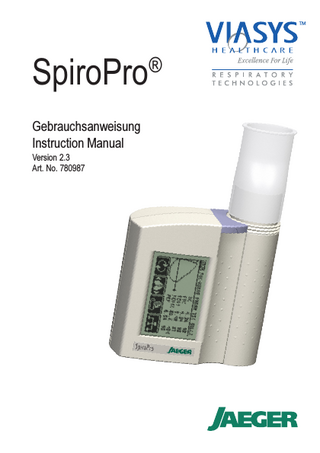 is SpiroPro ? Table of Contents What Delivery ®  English  Deutsch  SpiroPro® Before Measurement How to Operate your SpiroPro® The Main Menu Measurement Routine Enter and Check Ambient Conditions Patient Data Enter Patient Data Flow-Volume Measurement Perform Additional Trials Print Recorded Results Typical Flow-Volume Curves in Ill and Healthy Subjects Perform Dilation Measurement Print Dilation Results Interpretation Help Interpretation Help for Reversibility Tests On-line Display of Flow-Volume Curve Additional Measurement Programs Slow Vital Capacity SpO2 (Option) 6-Minute Walk Test Change Pneumotach Cleaning/Hygiene Volume Calibration Enter PT Code  Patient Data and Measured Data Appendix Load Delete Patient Data and Measured Data  Reorganize Data Base Print all Measurements of a Specific Day Overview of the Settings Menu Check Date and Time Enter Hospital and Practice Heading Change Contrast Auto Switch Off Memory Information Additional Settings Charge Battery Technical Data Item Numbers of Disposables and Accessories Safety Precautions for Lithium-Ion Batteries Warranty Declaration of Conformity Notes on EMC according to EN 60601-1-2 Literature  66  Page Page Page Page Page Page Page Page Page Page Page Page Page Page Page Page Page Page Page Page Page Page Page Page Page Page Page  67 67 68 69 70 70 71 71 73 73 76 79 82 84 86 88 89 91 93 95 95 97 101 104 105 105 107  Page Page Page Page Page Page Page Page Page Page Page Page Page Page Page Page Page Page Page  108 108 110 111 112 113 113 114 114 114 115 116 117 118 119 120 121 122 125  SpiroPro®  