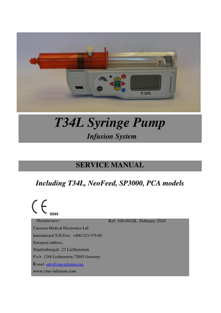 Table of Contents T34L Syringe pump ...2 Figure 1 T34L syringe pump ... 2  INTRODUCTION...6 GENERAL...6 SAFETY ... 6 SYSTEM SYMBOLS ...6 DOCUMENT NOTICES...7 WARNINGS ...8 CAUTIONS ...9 ELECTRICAL SAFETY COMPLIANCE ...9 ELECTROMAGNETIC COMPATIBILITY (EMC) ...9 ALARMS ...9 Alarm conditions ...9 Alarm types ...9 PRE-SERVICE ... 10 PRE-SERVICE CHECKLIST...10 SERVICE DECISION ROUTE...10 SERVICE PROCESS FLOW CHART ...12 SERVICE INFORMATION ...13 FAILURE IDENTIFICATION ... 13 T34L SYRINGE PUMP DEFAULT SETTINGS ... 14 ACCESS CODE LIST ... 17 LOCKING ... 17 KEYPAD LOCKING ...17 PROGRAM LOCKING ...18 MAXIMAL RATE LOCKING ...18 OPERATIONAL CHECKLIST AND CALIBRATION TESTS ... 19 INTRODUCTION...19 CHECKLIST ...20 SETTING UP THE PUMP FOR TESTING ...21 INFUSION TEST ...22 VOLUME TEST ...22 OCCLUSION PRESSURE CALIBRATION ...23 FACTORY PRESS. TEST ...24 PRESSURE TEST ...26 SYRINGE TRAVEL CALIBRATION ...27 SYRINGE DIAMETER CALIBRATION ...27 DISASSEMBLY ... 29 TOOLS AND TEST EQUIPMENT ...29 PUMP DISASSEMBLY / ASSEMBLY ...30 A. Separation of front and rear housing ...30 Figure 2 Back housing screw assignments ... 30 Figure 3 Separating front and rear housing ... 31  B. Replacement of motor and pumping block ...32 Figure 3 Upper label uncovered fixing screw ... 32  Page 3 of 107  