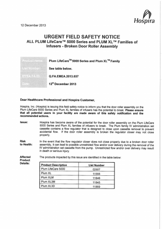 LifeCare 5000 Series and XL Families of Infusers Urgent Field Safety Notice Dec 2013