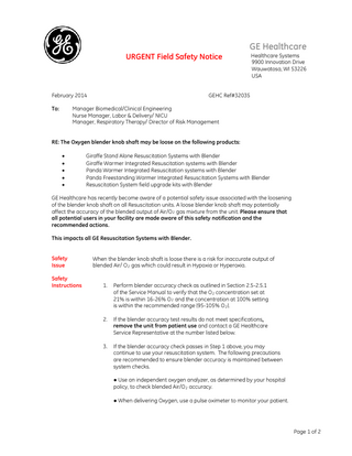 Panda,Giraffe and Resuscitation Units Blenders Urgent Field Safety Notice Feb 2014