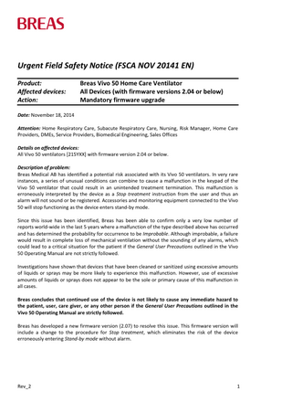 BREAS Vivo 50 Urgent Field Safety Notice Nov 2014