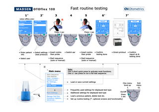 Fast routine testing 1*  2*  3  4  (when offline only) Patient & User  Load Settings  First Name:  Infant Adult  Last Name:  R  5 L  L  6*  7*  Done?  L  Done?  Birth Date (D-M-Y): Gender: User:  ABC ok  cancel  ok  Press 1 sec  (  • Enter patient • Select settings • Insert contra then probe info (test protocol) • Select user  Press 1 sec  )  (  • Switch ear  • Start sequence (auto or manual)  Main menu Start Sequence Test Selector Print / Printers... Patient & User My Settings... Done! Probe Check ----------------------  no  yes  no  )  • Insert contra then probe  • Confirm testing done  • Direct printout  • Confirm report ok & testing done  • Start sequence (auto or manual)  Note: Use a short quick press to activate most functions. Use a 1 sec press to run a full test sequence.  Load or save current settings  One menu level up  Frequently used settings for displayed test type More Settings… ---------------------Manage Test Res. Procedure Options… Advanced...  yes  Additional settings for displayed test type  On/Off  Press 1 sec Set up routine testing (*: optional screens and functionality) Load a previous patient, delete test etc.  Exit menu  