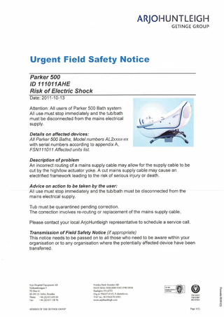 Parker 500 Urgent Field Safety Notice Oct 2011