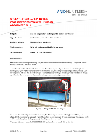 Lifeguard LG20 and LG50 Urgent Field Safety Notice Dec 2011