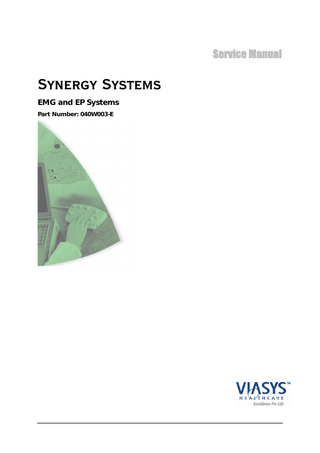 Synergy Systems Service Manual  Table of Contents Table of Contents ...iv 1. Introduction ...8 1.1  The Synergy products ...8  2. Regulations and safety ... 16 2.1  Standards ...16  2.2  Warning to users...16  2.3  Electrical stimulus output of Synergy ...17  2.4  Special instructions for use...17  2.5  Information on the output waveforms of the electrical stimulators ...17  2.6  Electrical stimulating electrodes ...18  2.7  Cleaning ...18  2.8  Symbols and their definition...20  2.9  Warning symbols ...21  3. Technical overview Synergy N2 and T2 systems...22 3.1  Outline and scope of overview ...22  3.2  The PC ...23  3.3  The Patient Interface Unit ...23  3.4  Patient Interface Unit Overview ...24  3.5  Amplifier electronics...27  3.6  Stimulator electronics ...29  3.7  DC - DC Converter...32  3.8  Patient Interface Unit Connections ...33  4. Technical overview Synergy N and T series... 36 4.1  Scope of Plinth overview ...36  4.2  The PC ...37  4.3  The Plinth ...38  4.4  Overview of the headboxes 2, 5 &10 Channel...42  4.5  The Control Panel & Electrical Stimulators...48  4.6  The EP Stimulator (Optional) ...49  4.7  IOM Stimulator ...51 iv  
