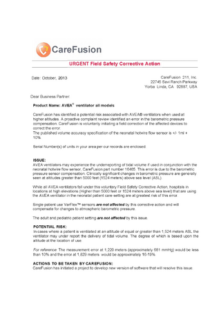 CareFusion AVEA Urgent Field Safety Corrective Action Oct 2013