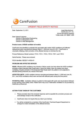 CareFusion AVEA Urgent Field Safety Notice Sept 2011