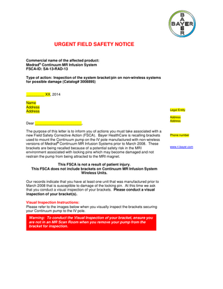 Medrad Continuum MR Infusion System Urgent Field Safety Notice 2014