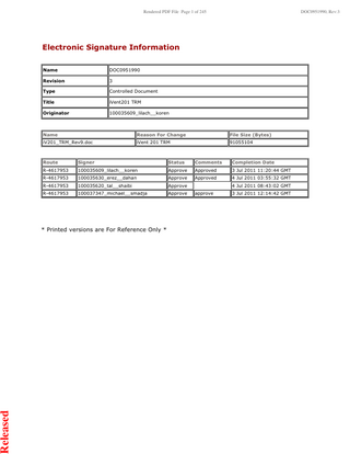 Rendered PDF File Page 9 of 245  Table of Contents Section 1: Introduction ...1 1.1 Intended Use ... 1 1.2 General Description... 2 1.2.1 Looking At The iVentTM201 ... 3 1.2.2 Product Versions ... 5 1.2.3 Safety Information... 6 1.2.4 Safety Regulations ... 7 1.2.5 Handling PC Boards ... 8 1.3 Labels and Symbols ... 9 1.3.1 Symbols ... 9 1.3.2 Labels ... 11  Section 2: System Specifications ...15 2.1 Ventilation Modes ... 15 2.2 Ventilation Performance and Controlled Parameters ... 15 2.3 Monitored Data ... 17 2.4 Monitoring and Displayed Parameters... 20 2.5 Adjustable Non-Displayed Parameters... 21 2.6 User Adjustable Alarms ... 22 2.7 Additional Alarms... 22 2.8 Size and Weight ... 23 2.9 Power Supply... 23 2.10 Oxygen Supply... 23 2.11 Environmental Specifications ... 24  Released  2.12 Standards and Safety Requirements ... 24  DOC0951990, Rev:3  