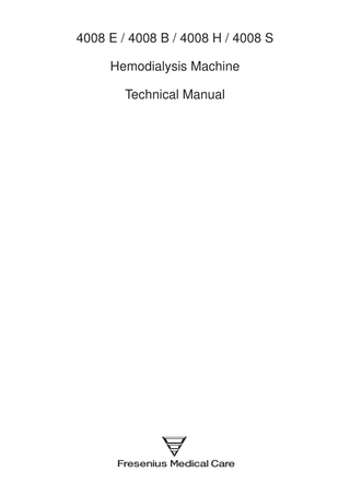 Table of contents Section  Page  1 1.1 1.2 1.3  Description of machine functions and malfunctions ... Description of the T1 test ... Functional description of the modules ... Functional description of the hydraulic unit ...  11-3 1-78 1-83  2 2.1  2-  2.3  Technical safety checks / Technical measurement checks / Maintenance ... Technical safety checks and maintenance for 4008 hemodialysis systems and options ... Technical measurement checks and maintenance ki for options of 4008 hemodialysis systems ... TSC checklist ...  3 3.1 3.2 3.3 3.4  Adjustment instructions ... Overview of the DIP switches in the 4008 ... Calibration mode ... Hydraulics ... Air detector ...  33-11 3-15 3-17 3-29  4  Calibration program ...  4-  5 5.1 5.2 5.3 5.4 5.5 5.6 5.7 5.8 5.9 5.10 5.11 5.12  Diagnostics program ... General notes ... Menu structure ... Reading the analog inputs of CPU I ... Reading the analog inputs of CPU II ... Reading the digital inputs of CPU I ... Reading the digital inputs of CPU II ... Writing the analog outputs of CPU I ... Writing the analog outputs of CPU II ... Writing the digital outputs of CPU I ... Writing the digital outputs of CPU II ... Writing/Reading the digital outputs of CPU I ... ONLINE plus™ module ...  55-3 5-5 5-7 5-9 5-10 5-15 5-19 5-20 5-21 5-27 5-30 5-31  6 6.1 6.2 6.3 6.4  Setup menu ... Übersicht Setup-Einstellungen ... Overview ... Main menu 4008 E/B Rev. 5.2 ... Main menu 4008 H/S Rev. 4.3 ...  66-3 6-7 6-9 6-35  7  Miscellaneous ...  7-  2.2  Fresenius Medical Care 4008  4/08.03 (TM) 4/09.03  2-3 2-23 2-29  0-5  
