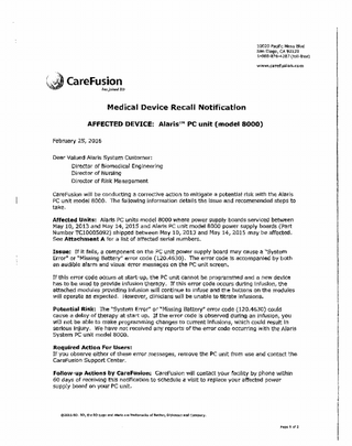 PC Unit Model 8000 Medical Device Recall Notification February 2016