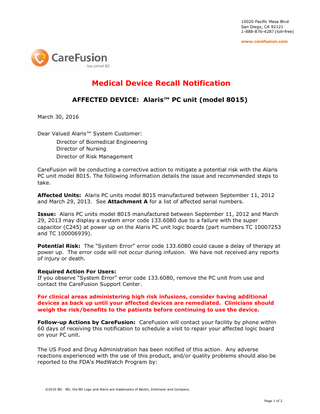 PC Unit Model 8015 Medical Device Recall Notification March 2016