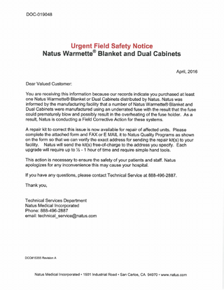 Warmette Blanket Cabinet and Dual Cabinet Urgent Field Safety Notice April 2016