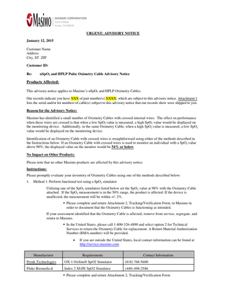 uSpO2 and HPLP Cables Urgent Advisory Notice Jan 2015