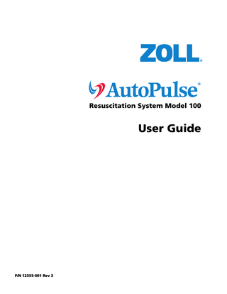 User Guide  Table of Contents Figures ...v Tables ...vii Who Should Read this Guide ...ix General Warnings and Precautions ...ix Symbols ...xi 1 Introduction of the AutoPulse® ...1-1 1.1 Indication for Use ... 1-1 1.2 Description of the System ... 1-1 1.3 System Components ... 1-2 1.3.1 AutoPulse Platform ... 1-2 1.3.2 LifeBand Load-distributing Band (LDB) ... 1-3 1.3.3 AutoPulse Power System ... 1-3 1.4 User Controls and Indicators ... 1-4 1.4.1 ON/OFF Button ... 1-4 1.4.2 User Controls ... 1-4 1.4.2.1 Start/Continue Button ... 1-5 1.4.2.2 Stop/Cancel Button ... 1-5 1.4.2.3 Menu/Mode Switch Button ... 1-6 1.4.2.4 Move Up/Move Down Button ... 1-6 1.4.2.5 Select Choice Button ... 1-7 1.4.2.6 Tone Mute Button ... 1-7 1.4.2.7 Increase/Decrease Contrast Button ... 1-8 1.4.2.8 Power (Green LED) ... 1-9 1.4.2.9 Alert (Red LED) ... 1-9 1.4.3 Battery Charge Status ... 1-9 1.4.4 Performance Characteristics ...1-11 2 Preparing the AutoPulse for Use ...2-1 2.1 LifeBand Load-distributing Band (LDB) ... 2-1 2.1.1 Installing the LifeBand ... 2-1 2.1.2 Removing the LifeBand ... 2-4 2.1.2.1 Removing a LifeBand that is Cut or Not in the Home Position ... 2-7 2.2 Battery Installation and Removal ... 2-9 2.2.1 AutoPulse Li-Ion Battery Installation and Removal ... 2-9 2.2.2 AutoPulse NiMH Battery Installation and Removal ...2-10 2.3 Administrative Menu: User Pre-set Options ...2-11 3 Using the AutoPulse ...3-1 3.1 Deploying the AutoPulse System ... 3-1 3.2 Starting Chest Compressions ... 3-8 3.3 Ending Active Device Use ...3-15 P/N 12555-001 Rev 3  Page iii  