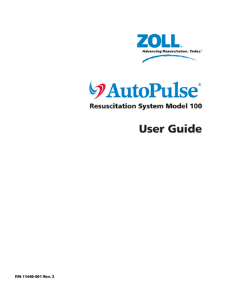 User Guide  Table of Contents Figures ...v Tables ...vii Who Should Read this Guide ...ix General Warnings and Precautions ...ix Symbols ...xi 1 Introduction of the AutoPulse® ...1-1 1.1 Indication for Use ... 1-1 1.2 Description of the System ... 1-1 1.3 System Components ... 1-2 1.3.1 AutoPulse Platform ... 1-2 1.3.2 LifeBand Load-distributing Band (LDB) ... 1-3 1.3.3 AutoPulse Power System Battery ... 1-3 1.3.4 AutoPulse Power System Battery Charger ... 1-4 1.4 User Controls and Indicators ... 1-4 1.4.1 ON/OFF Button ... 1-4 1.4.2 User Controls ... 1-4 1.4.2.1 Start/Continue Button ... 1-5 1.4.2.2 Stop/Cancel Button ... 1-5 1.4.2.3 Menu/Mode Switch Button ... 1-6 1.4.2.4 Move Up/Move Down Button ... 1-6 1.4.2.5 Select Choice Button ... 1-7 1.4.2.6 Tone Mute Button ... 1-7 1.4.2.7 Increase/Decrease Contrast Button ... 1-8 1.4.2.8 Power (Green LED) ... 1-9 1.4.2.9 Alert (Red LED) ... 1-9 1.4.3 Battery Charge Status ... 1-9 1.4.4 Performance Characteristics ...1-11 2 Preparing the AutoPulse for Use ...2-1 2.1 LifeBand Load-distributing Band (LDB) ... 2-1 2.1.1 Installing the LifeBand ... 2-1 2.1.2 Removing the LifeBand ... 2-4 2.1.2.1 Removing a LifeBand that is Cut or Not in the Home Position ... 2-7 2.2 Battery Installation and Removal ... 2-9 2.3 Administrative Menu: User Pre-set Options ...2-10 3 Using the AutoPulse ...3-1 3.1 Deploying the AutoPulse System ... 3-1 3.2 Starting Chest Compressions ... 3-8 3.3 Ending Active Device Use ...3-15 3.4 Preparing the AutoPulse for Its Next Use ...3-15 P/N 11440-001 Rev. 3  Page iii  