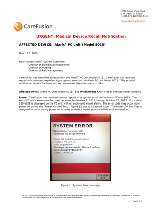 Model 8015 Urgent Medical Device Recall Notification March 2015