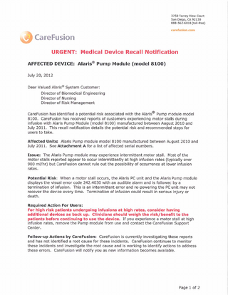 Model 8100 Urgent Medical Device Recall Notification July 2012