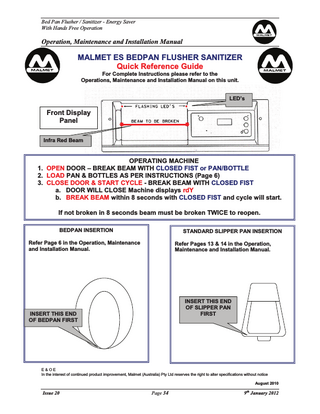 ES BEDPAN FLUSHER SANITIZER Quick Reference Guide Issue 20 Jan 2012
