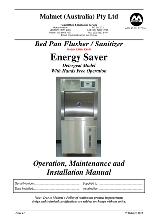 Models ES910, ES930 Detergent Model Operation and Maintenance Manual Issue 11 Oct 2011