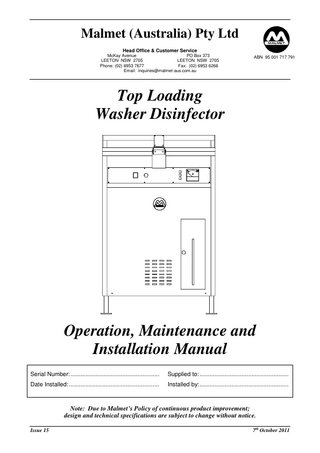 Top Loading Washer Disinfector Operation and Maintenance Manual Issue 15 Oct 2011