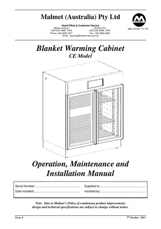 Blanket Warming Cabinet CE Model Operation, Maintenance and Installation Manual Issue 8 Oct 2011