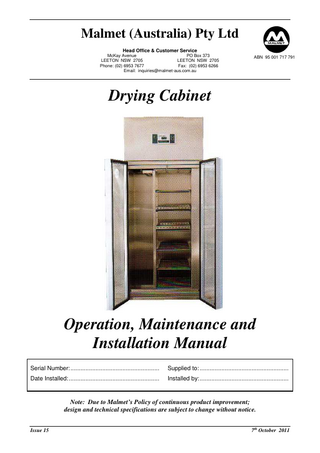 Drying Cabinet Operation and Maintenance Manual Issue 15 Oct 2011
