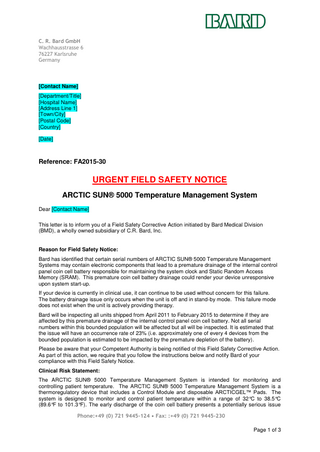 ARCTIC SUN 5000 Urgent Field Safety Notice 2015
